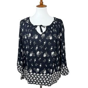 Lucky Brand Boho Floral Tie Neck Blouse M